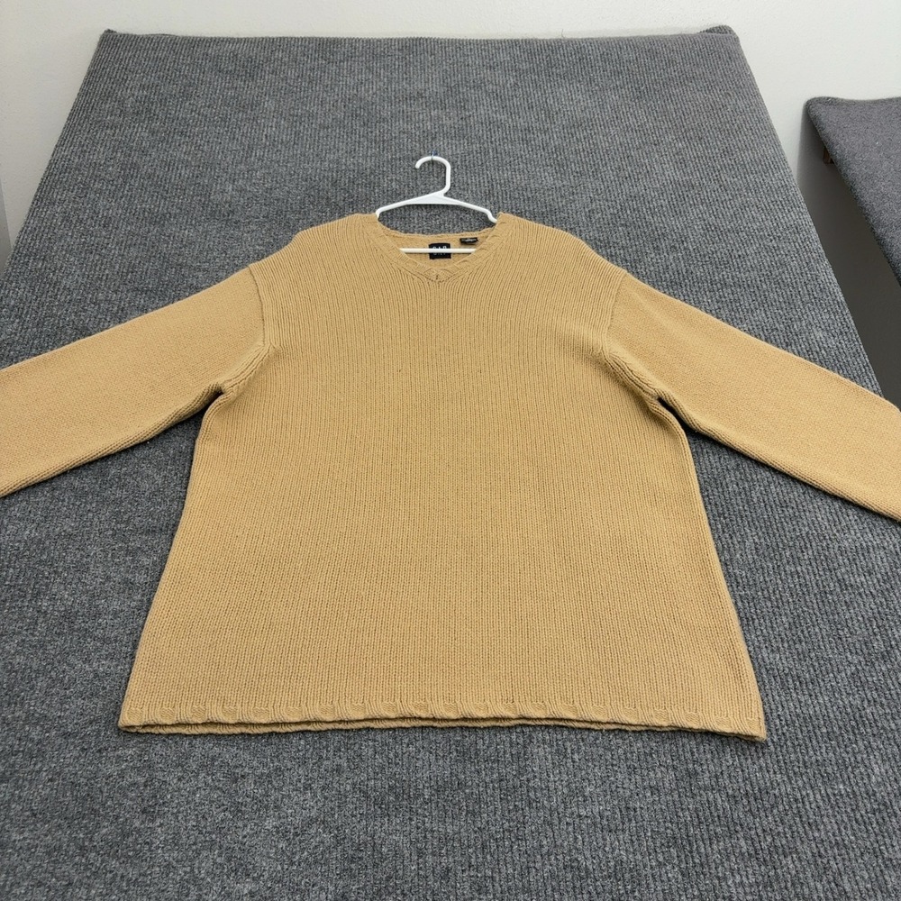 Vintage GAP Sweater Mens XL Tan Lambswool V-Neck Chunky Knit Preppy Minimalist
